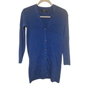 Lauren Ralph Lauren Blue‎ Ribbed Knit V-Neck Gold Button Long Cardigan Medium